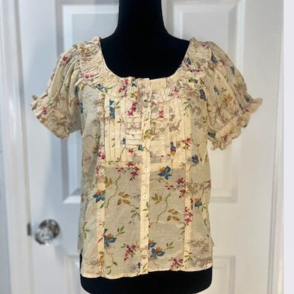 Anthropologie Pilcro Sheer Ruffle Puff-Sleeve Blouse Ivory Floral–Size Small-NWT - Picture 5 of 8